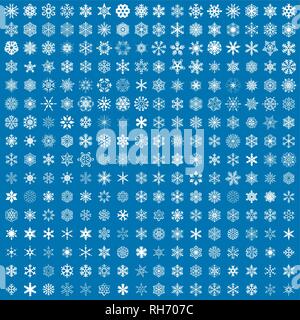 256 Snowflakes vector icon background set blue color. Winter white christmas snow flake crystal element. Weather illustration ice collection. Stock Vector