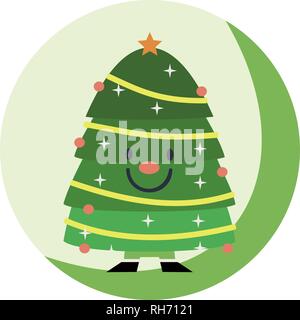 Beautiful vector illustration with nice, smiling  christmas tree. Christmas card, poster. Stock vector. Green background. Stock Vector
