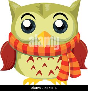 Green Owl with Scarf Cartoon Character Isolated on White Vector Illustration. Postcard Stock Vector