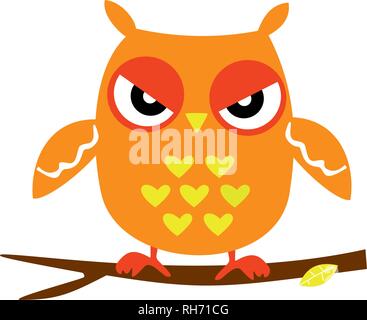 Orange Owl Sitting on a Branch, Abstract Background, Cartoon Character Isolated on White Vector Illustration EPS 10 Stock Vector