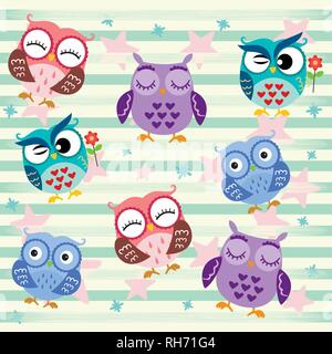 Funny Owls. Cartoon Character Isolated on star and stripes green background. Vector Illustration.Love in the air, Saint Valentine's day. Stock Vector