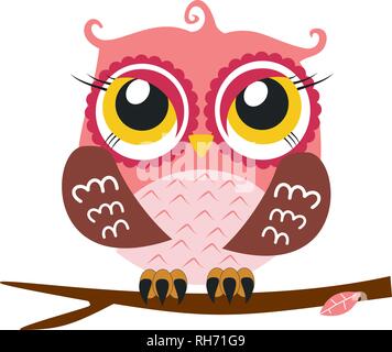 Cute Pink Owl Sitting on a Branch. Cartoon Character Isolated on White Vector Illustration  You are my Valentine. Love in the air, Saint Valentine. Stock Vector