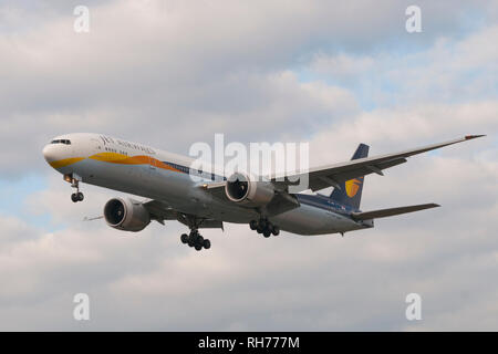 London, Uk - August 6, 2013 - A Jet Airways airplane lands at Heathrow Airport in London Stock Photo