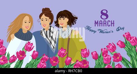 8 March. Three Womens with red flowers tulips. Vector horizontal Templates for card, poster, flyer and other users Stock Vector