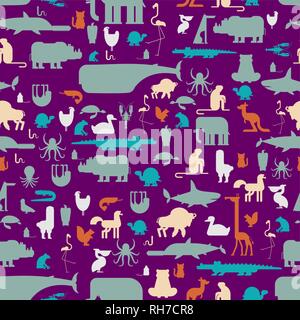 Animals set pattern seamless. Beast collection background. cute cartoon animal texture. jungle and forest Wild nature. Fauna of Different Continents Stock Vector