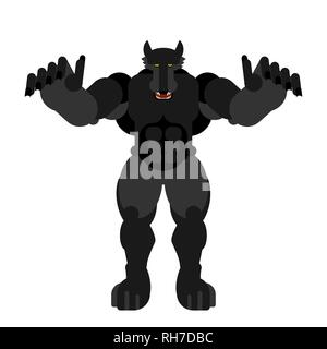 Werewolf isolated. Big black wolf man. Scary beast predator monster. Vector Stock Vector