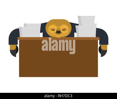 Sloth sleeping at work. lazybones at table. animal Cartoon businessman. Vector illustration Stock Vector