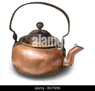 The old copper teapot is presented on a white background. Stock Photo