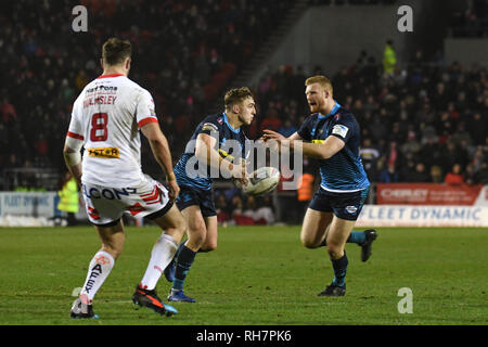 31st January 2019 , Totally Wicked Stadium, St Helens, England;  Betfred Super League, Round 1, St Helens vs Wigan Warriors, Sam Powell (9) of Wigan Warriors Stock Photo