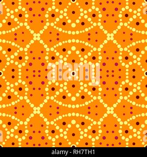 Contrast decorative abstract seamless pattern consists of many dots. Brown, crimson and yellow dots on an orange background. Seamless vector for textu Stock Vector