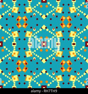Contrast decorative abstract seamless ornament in the Memphis style. Brown, crimson, yellow, orange geometric shapes on a blue background. Seamless ve Stock Vector