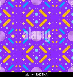 Contrast decorative abstract seamless ornament in Memphis style. Violet, yellow, blue geometric shapes on purple background. Seamless vector for textu Stock Vector