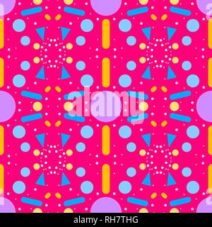 Contrast decorative abstract seamless ornament in Memphis style. Purple, blue, yellow forms, on pink background. Seamless vector for texture of fabric Stock Vector