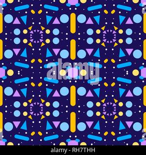 Contrast decorative abstract seamless ornament in Memphis style. Purple, blue, yellow forms, on blue background. Seamless vector for texture of fabric Stock Vector