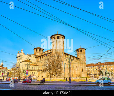 Turin, Italy - December 31, 2018. Castello degli Acaja Castle in the Piazza Castello square. Turin, Piedmont, Italy. Stock Photo