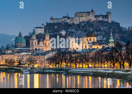 Old town skyline at dusk, Salzburg, Austria Stock Photo