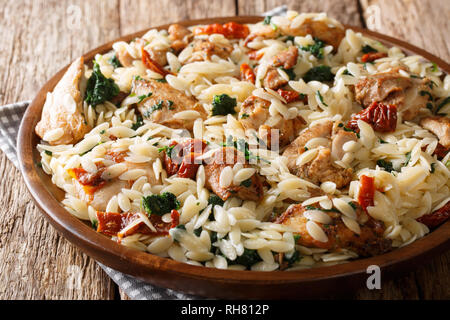 Orzo pasta salad with grilled chicken, sun-dried tomatoes, spinach, garlic and cheese close-up on a plate on the table. horizontal Stock Photo