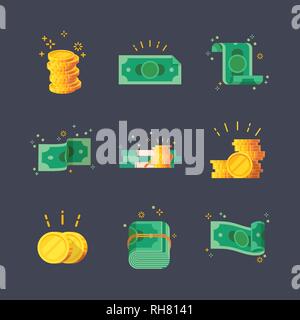 Icons of dollar banknotes with golden coins. Stock Vector