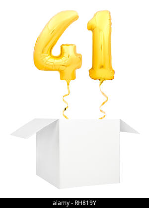 Golden number forty one inflatable balloon with golden ribbon flying out of blank white box isolated on white background Stock Photo