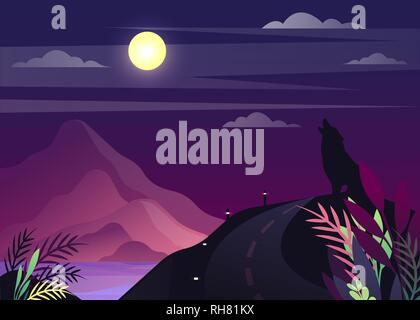 Wolf howling at moon Stock Vector