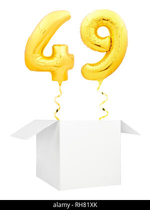 Golden number forty nine inflatable balloon with golden ribbon flying out of blank white box isolated on white background Stock Photo