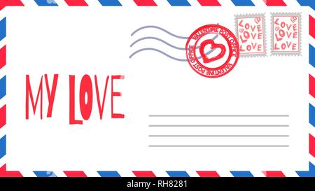 Festive declaration of love in Valentine's Day. My love letter in envelope with stamp. Valentine card. Blank postcard. Flat vector illustration. Stock Vector