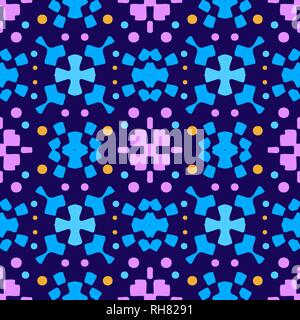 Colorful kaleidoscope seamless pattern with decorative ornaments. Ornamental vivid background. Blue, yellow, purple shapes and blue background. Stock Vector