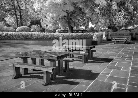 Picnic Tables In Black And White Infrared View Along The Blue