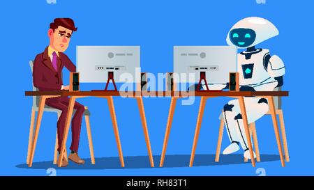 Working Robot Vs Tired Businessman Working On Computer Vector. Isolated Illustration Stock Vector
