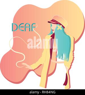 Young disability deaf people with hearing aid communicate using sign language, healthcare assistance and accessibility colorful vector flat Stock Vector