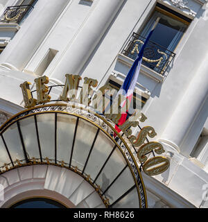 NICE, FRANCE - MAY 29, 2018:   Sign above the Hotel Negresco on Promenade des Anglais Stock Photo