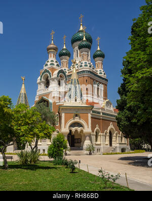 NICE, FRANCE - MAY 29, 2018:  Exterior view of St Nicholas Russian Orthodox Cathedral Stock Photo