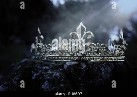 mysterious and magical photo of gold king crown over the stone covered with moss in the England woods or field landscape with light flare. Medieval pe Stock Photo