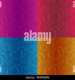 Hearts with an inscription made by one line. Set of seamless textures Stock Vector