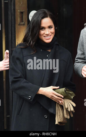 The Duchess of Sussex leaves after a visit to the Bristol Old Vic theatre, which is undergoing a multimillion-pound restoration. Stock Photo