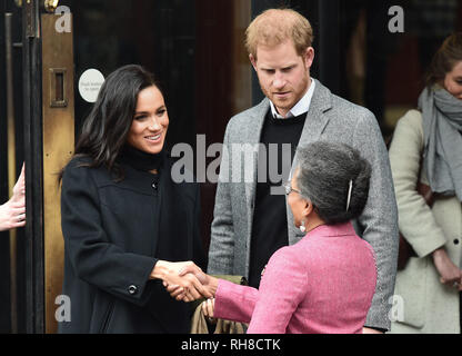 The Duke and Duchess of Sussex with Peaches Golding, the Lord Lieutenant of Bristol after their visit to the Bristol Old Vic theatre, which is undergoing a multimillion-pound restoration. Stock Photo