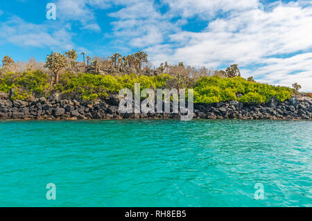 Landscape of the turquoise waters and coastline of Santa Fe island inside the Galapagos islands national park, Pacific Ocean, Ecuador. Stock Photo