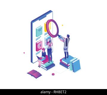 Isometric concept with character of woman reading electronic books on ...