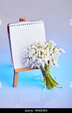 Bouquet of snowdrops and a small easel with a white paper and mini jars on a blue background. Greeting card with a space for text Stock Photo