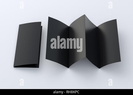 Blank black folded paper leaflet on white background. Eight pages, four panel. 3d illustration Stock Photo