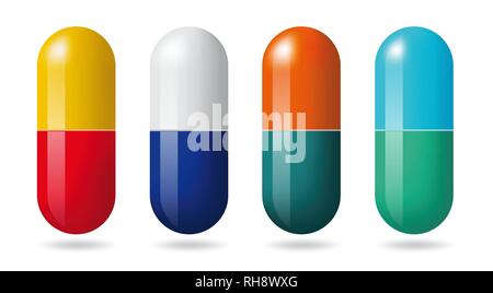 Medicinal tablets. Set of oval, round and capsules tablets of different ...