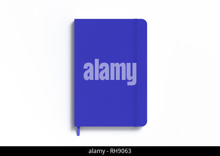 Blue vertical notebook with elastic band on white background Stock Photo