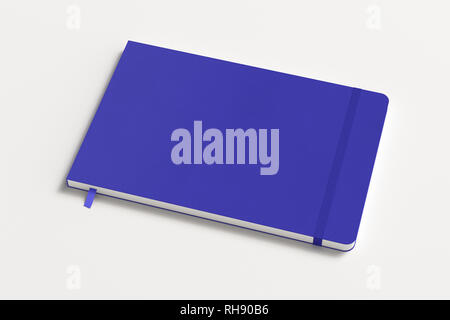Blue horizontal notebook with elastic band on white background Stock Photo
