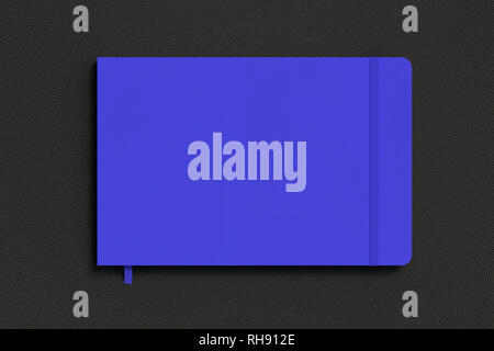 Blue horizontal notebook with elastic band on black background Stock Photo