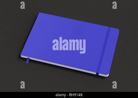 Blue horizontal notebook with elastic band on black background Stock Photo