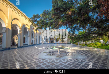 The courtyard to Dar Batha Museum in Fez Medina. Former royal palace and museum of national art, ethnography  in Fes, Morocco. Inside interior Stock Photo