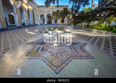 The courtyard to Dar Batha Museum in Fez Medina. Former royal palace and museum of national art, ethnography  in Fes, Morocco. Inside interior Stock Photo