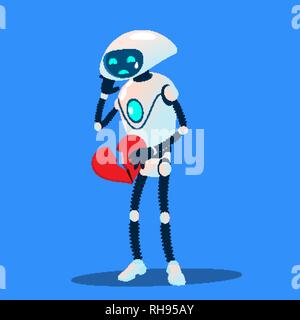 Crying Robot Holding A Broken Heart In Hands Vector. Isolated Illustration Stock Vector
