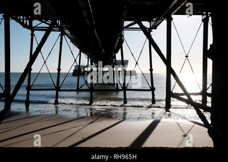 Sandown Pier at low tide exposing the substructure, Sandown, Isle of Wight, England, UK. Stock Photo