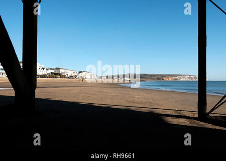 Sandown Pier at low tide exposing the substructure, Sandown, Isle of Wight, England, UK. Stock Photo